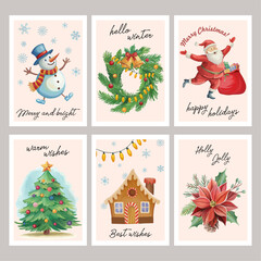 Christmas wishes and winter illustration with Christmas tree, Santa Claus, snowman greeting cards