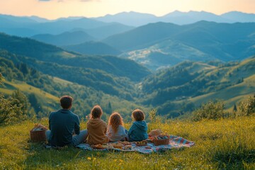Family enjoying a scenic view of mountains during sunset, sharing a peaceful moment.