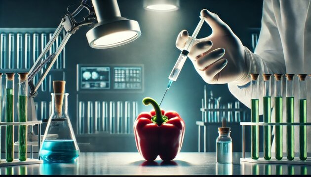 Scientist injecting a red bell pepper in a lab, illustrating genetic modification