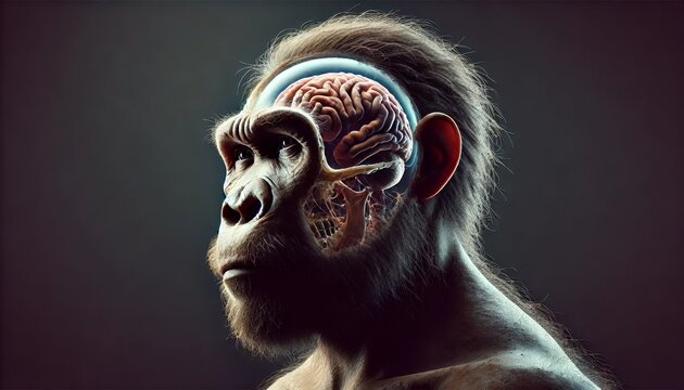 Cross-section view of a prehistoric human ancestor showing brain anatomy