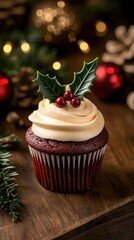 A tempting red velvet cupcake is beautifully adorned with cream cheese frosting and topped with a holly leaf and berry, evoking holiday cheer among festive decorations