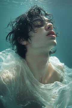 handsome young man with curly black hair underwater