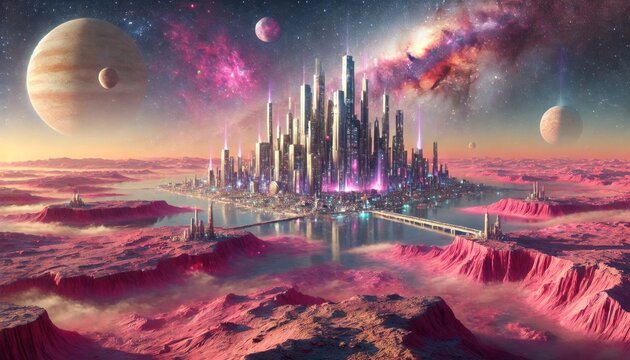 Futuristic city on an alien planet with pink landscapes and gas giants - Powered by Adobe