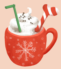 A festive red mug with a snowflake, filled with whipped cream and topped with bone-sprinkles. green straw and bone stirrer with red stripes. ideal for holiday, winter, or pet-themed projects. JPG