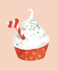 Christmas winter seamless dog pattern. A mug filled with whipped cream. The pattern features soft, textured details and a peach background. Perfect for pet-themed designs or food-related projects.JPG