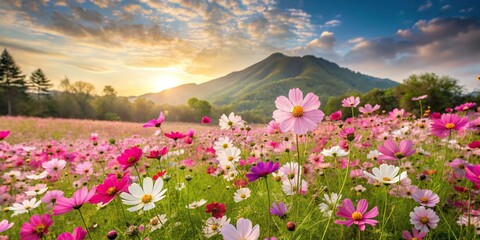 Fototapeta premium Watercolor painting of cosmos flowers in field with hill and trees in background
