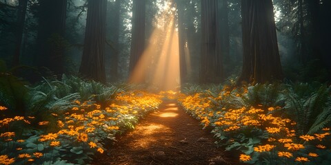 Obraz premium Natural walkway in a refreshing and beautiful forest. The sunlight beams to the ground, conveying a sense of calm and positive energy. It can be used to inspire relaxation and connecting with nature.