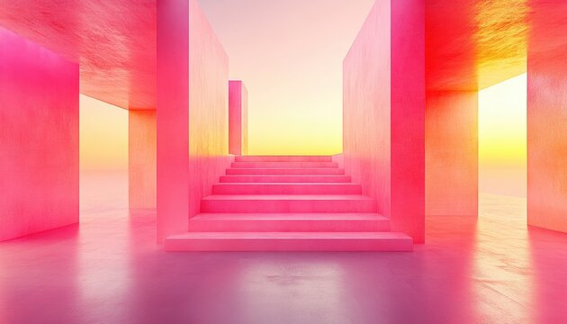 Bright interior backdrop featuring pink walls and a staircase for online meetings