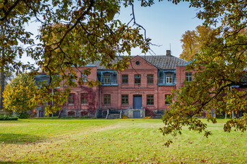 Red brick manor, remains of a destroyed estate. Katvaru Manor, Latvia.