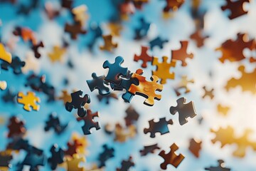 3D puzzle pieces floating in the air, coming together to form a solution