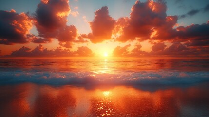 Obraz premium A vibrant sunset over the ocean, with colorful clouds reflecting on the water's surface.