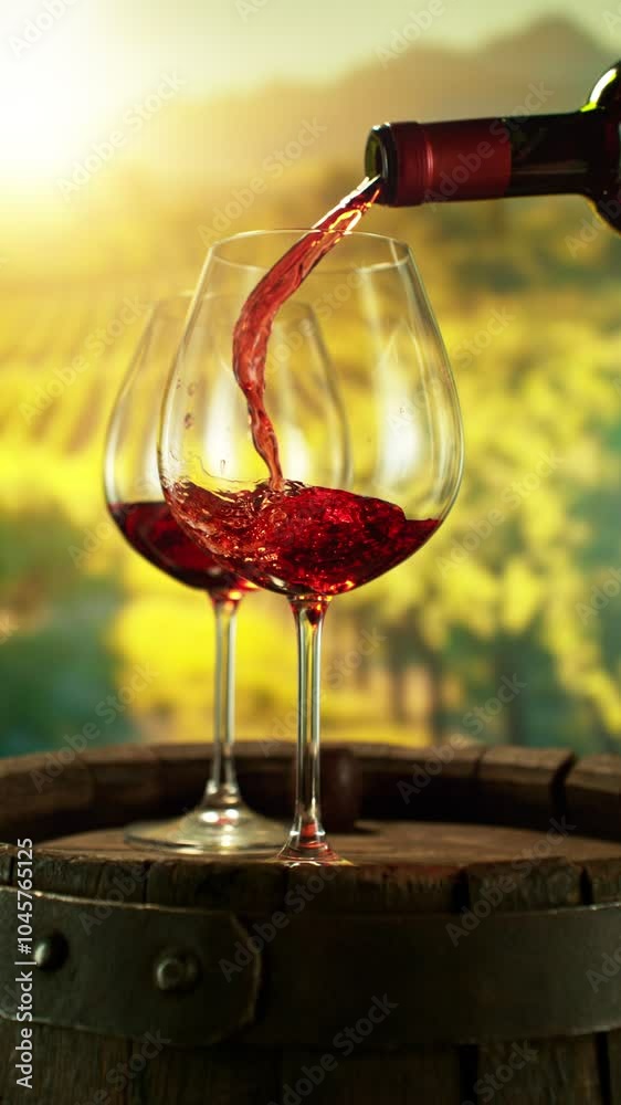 Poster super slow motion of pouring red wine into glass. filmed on high speed cinema camera, 1000 fps. vine