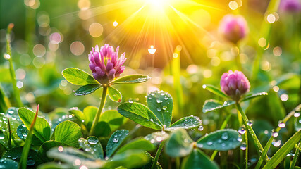 Beautiful nature background featuring fresh grass and clover leaves covered in dewdrops, captured outdoors in the early morning of spring or summer in a close-up macro view.