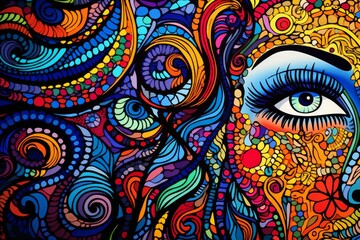 Womans Eye Peeking Through Abstract Floral and Geometric Pattern A Colorful Illustration,