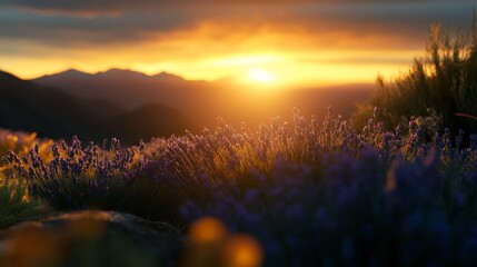 A breathtaking sunset over a field of purple lavender flowers in the mountains.