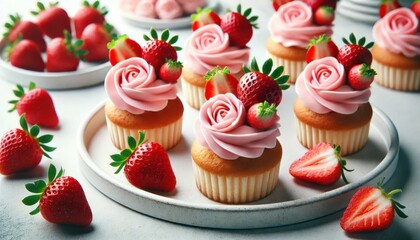Vanilla cupcakes with pink rose frosting and fresh strawberries on a plate.