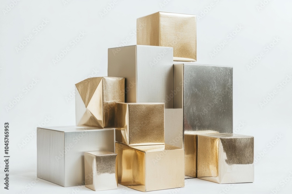 Aufkleber a collection of geometric gift boxes in silver and gold hues is artfully arranged to create an elega