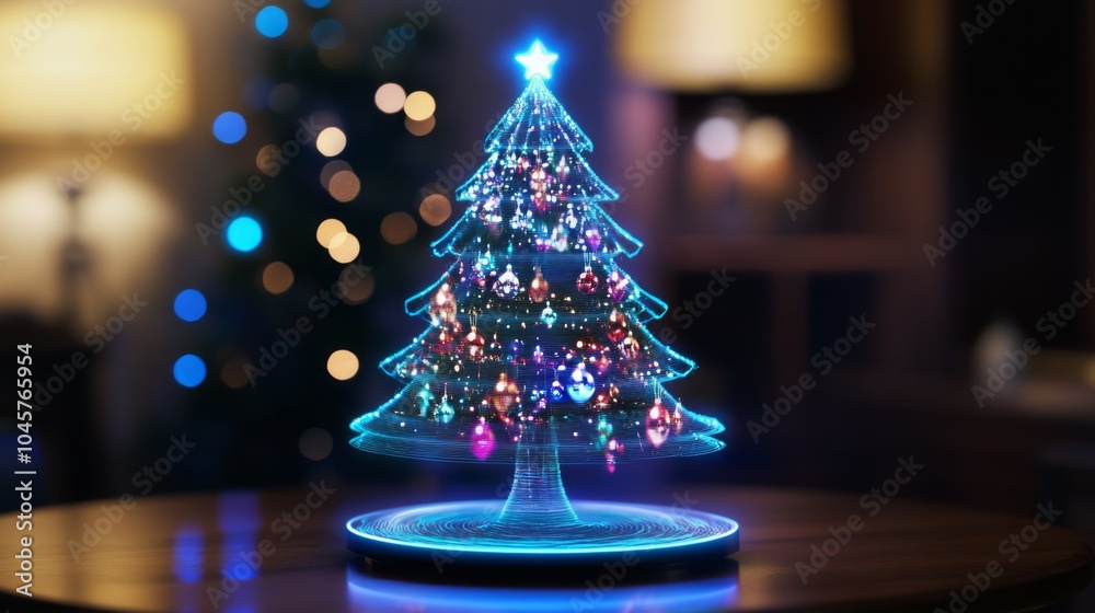 Poster in a warm and inviting room, a futuristic holographic christmas tree shines brightly, adorned with c