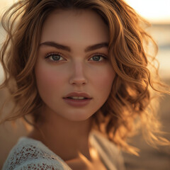 Close-up of a woman&rsquo;s face in warm sunset light at the beach, highlighting her youthful skin and serene expression, with flowing hair adding to the calm atmosphere.