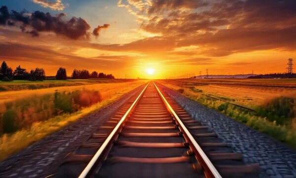 railway tracks in summer landscape at sunset