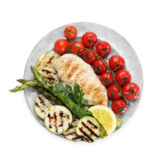 Delicious grilled vegetables and chicken breast isolated on white, top view