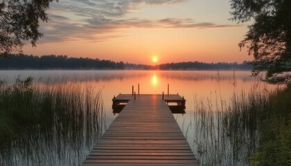 Obraz premium Serene sunset view from a flat dock overlooking a tranquil lake