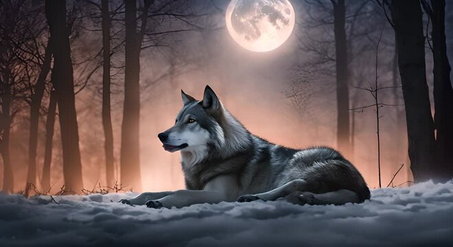 A large wolf is laying in the woods at night The moon is shining brightly in the sky casting a mysterious and eerie atmosphere over the scene Video 4K
