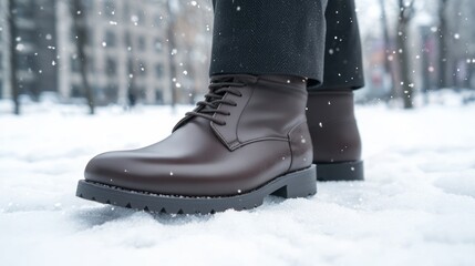 Winter Style in Motion: Close-Up of Man's Stylish Leather Boots Stepping Through Snowy Park