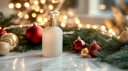 A frosted bottle of skincare sits elegantly on marble, surrounded by red and gold ornaments and lush greenery. The warm glow of holiday lights enhances the festive atmosphere, inviting indulgence.