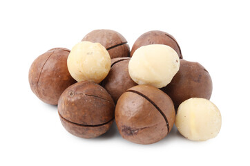 Macadamia nuts with shells isolated on white