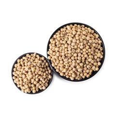Soy beans in bowls isolated on white, top view