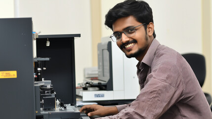 Indian Engineer analyzing data with advanced laboratory equipment in modern lab setting