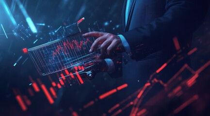 Business professional analyzing market trends using advanced technology and data visualizations in a modern setting