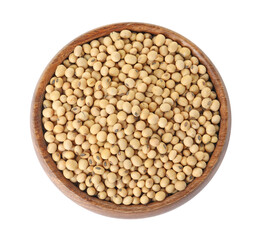 Soy beans in bowl isolated on white, top view
