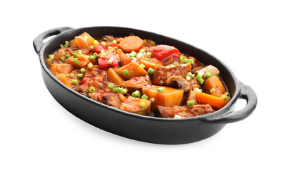 Delicious stew with vegetables in baking dish isolated on white