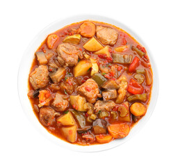 Delicious stew with vegetables in bowl isolated on white, top view