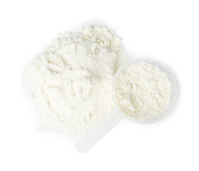 Protein powder and scoop isolated on white, top view