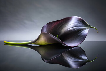 A sleek, dark calla lily lies gracefully on a glossy surface, reflecting its elegant curves and rich colors against a soft background.