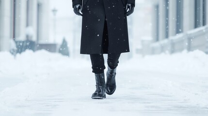 Fashionable Man in Long Trench Coat Walking on Snowy Street with Cafe Background | Ultra-Detailed Winter Fashion Scene