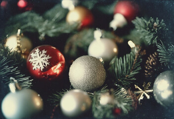 Christmas tree decorations. Vintage photo style. Holiday nostalgia and a cozy festive winter atmosphere. Generative AI.	
