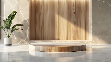 Wooden podium with white marble background, sunlight and green plant in a white pot.