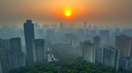 Fototapeta premium The warm hues of sunset illuminate a smog filled city shrouded in a mysterious atmosphere