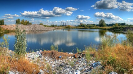 Obraz premium A tranquil lake mirrors the sky surrounded by debris from industrial activities