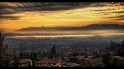 Fototapeta premium A stunning landscape shows the sun setting over a city obscured by thick smog and clouds