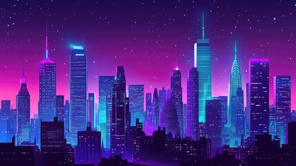 Fototapeta premium A city skyline at night with bold neon silhouettes of skyscrapers, glowing in bright purple and turquoise hues