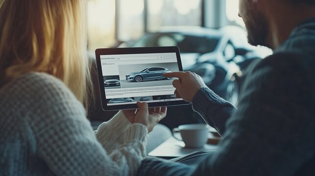 Young couple browsing used cars on ctablet. Screen showing generic car listings. Soft window lighting. Shallow depth of field on screen.