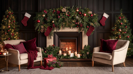 A decorated mantelpiece with garlands, stockings, and candles in a festive living room