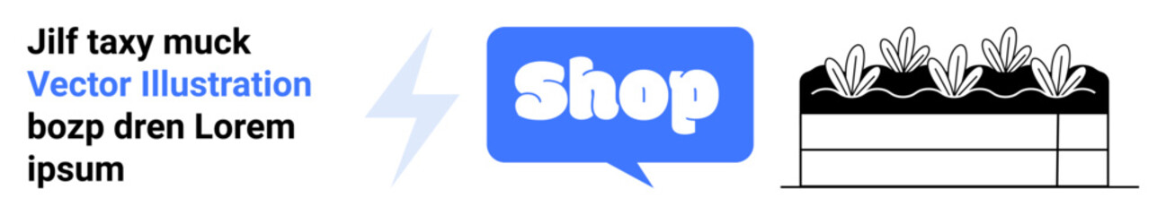 Blue speech bubble with the word Shop, and black and white botanical elements. Ideal for online stores, gardening websites, marketing banners, promotional materials, ecommerce design. Banner