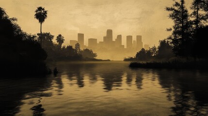 Fototapeta premium A city skyline struggles to break through a thick layer of pollution at dusk