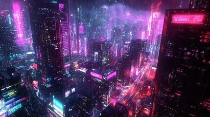 A cyberpunk city rendered in neon colors, with detailed architecture and vibrant light effects illuminating the scene